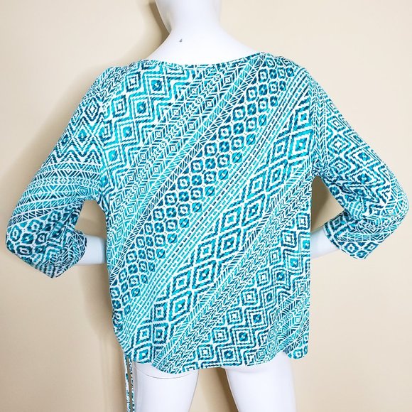 Ruby Red Women's Teal 3/4 Sleeve Jeweled Neckline Printed Top SZ PXL - Picture 5 of 8